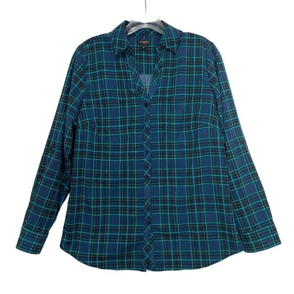 Talbots Size M P Blue Green Plaid Button Front Collared V-Neck Shirt Pockets - Picture 1 of 6
